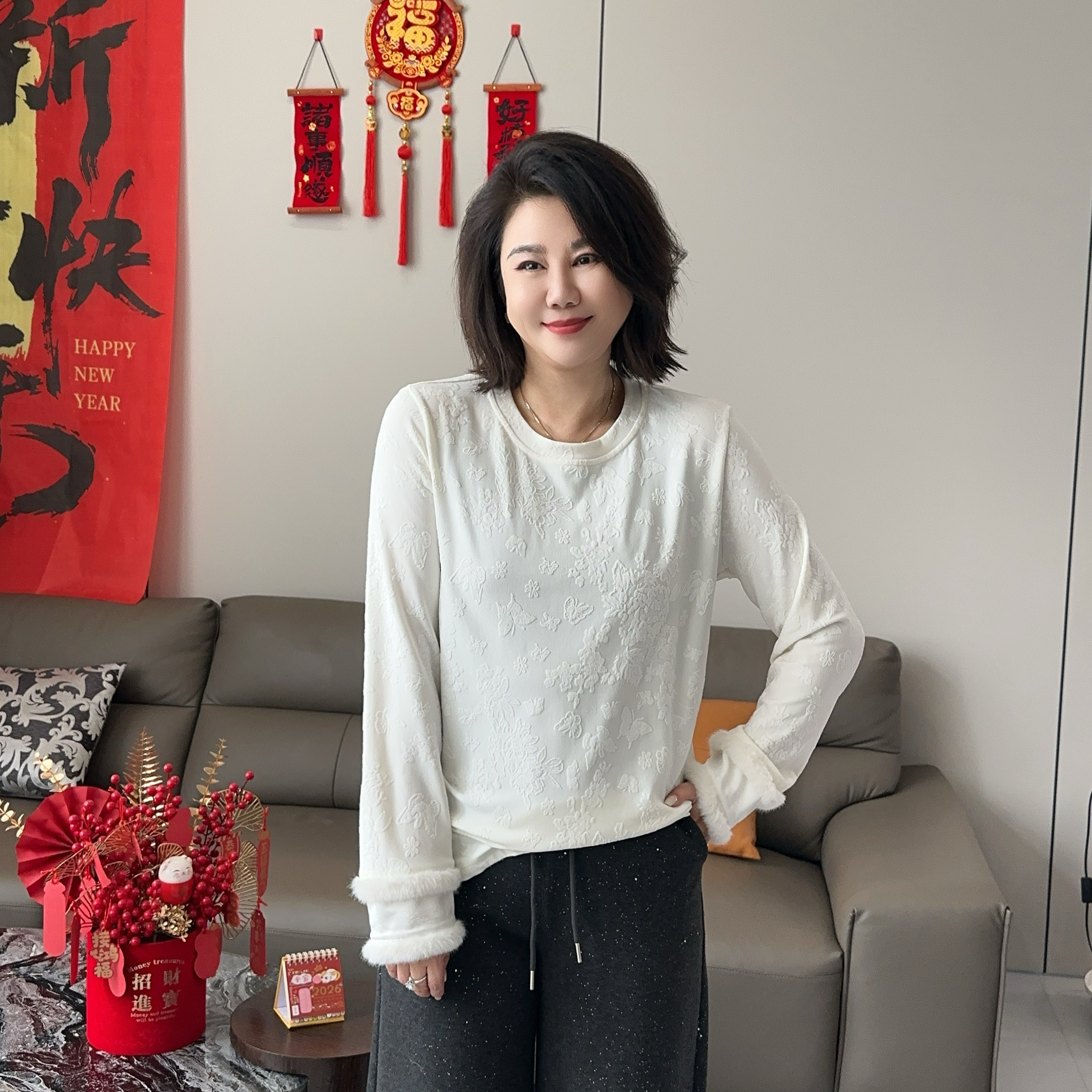 微胖女装【冬至】毛毛袖口新中式提花加绒打底T恤冬季国风上衣20881