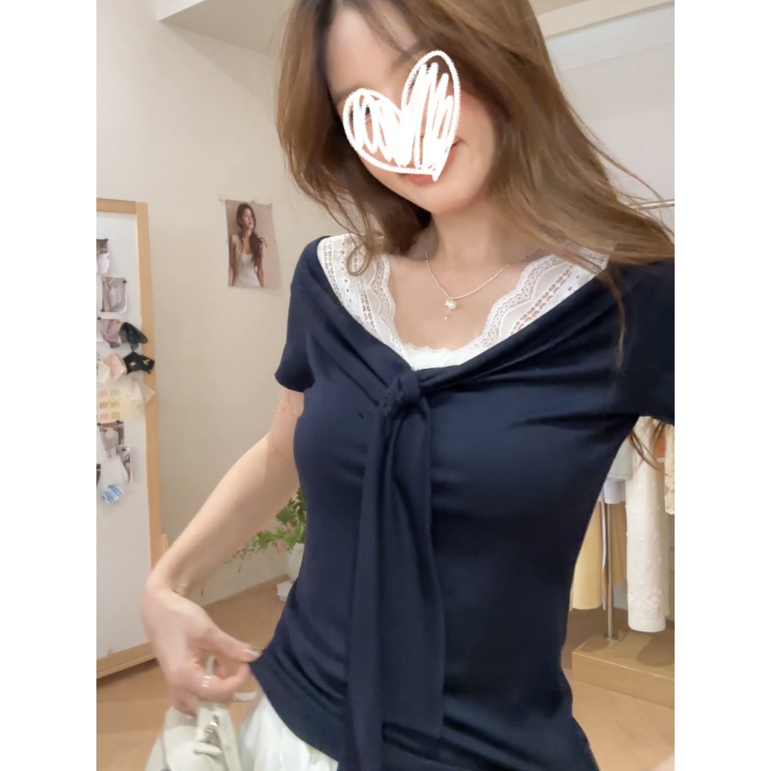 大码胖mm短袖t恤女夏季2025莫代尔蕾丝拼接蝴蝶结绑带正肩上衣潮