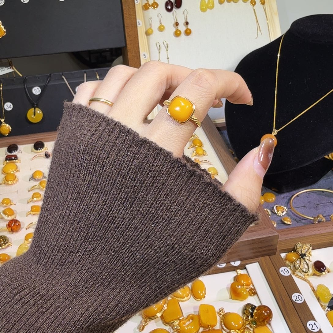 蜜蜡银S925镀金镶嵌戒指蜜蜡jiez