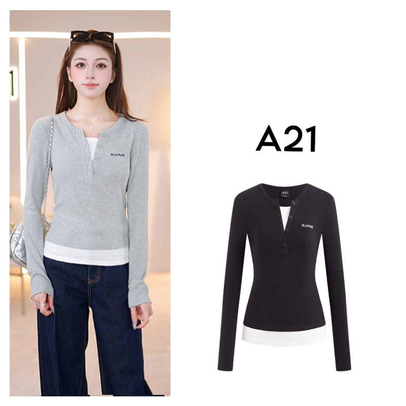 A21女装针织修身显瘦圆领假两件长袖T恤F451231004