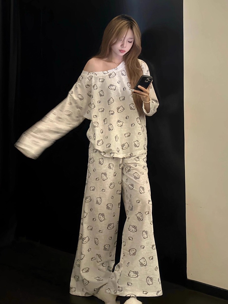 韩系可爱kitty猫印花睡衣女早秋新款长袖长裤家居服两件套可外穿