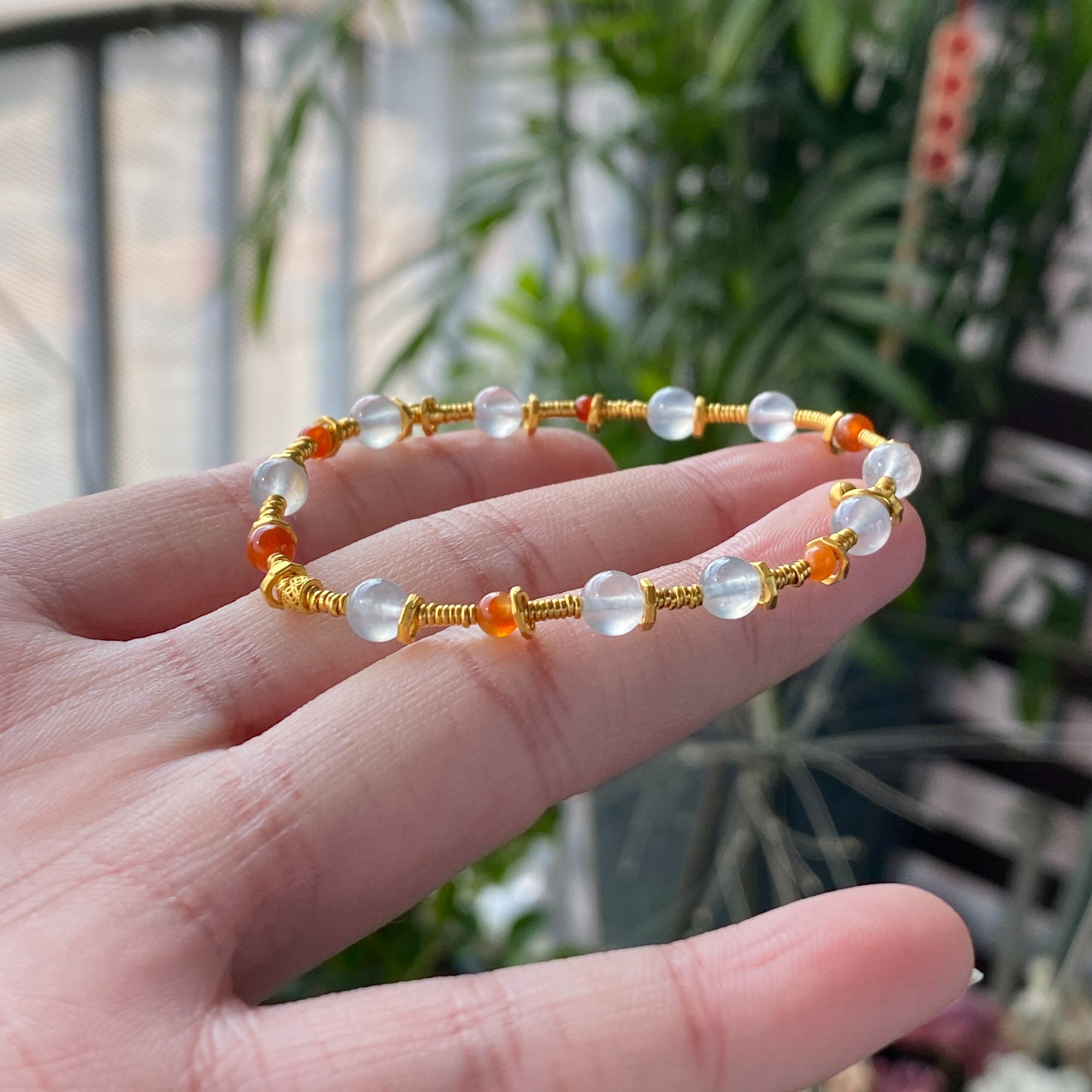 天然缅甸翡翠A货足金白冰手串5.1*