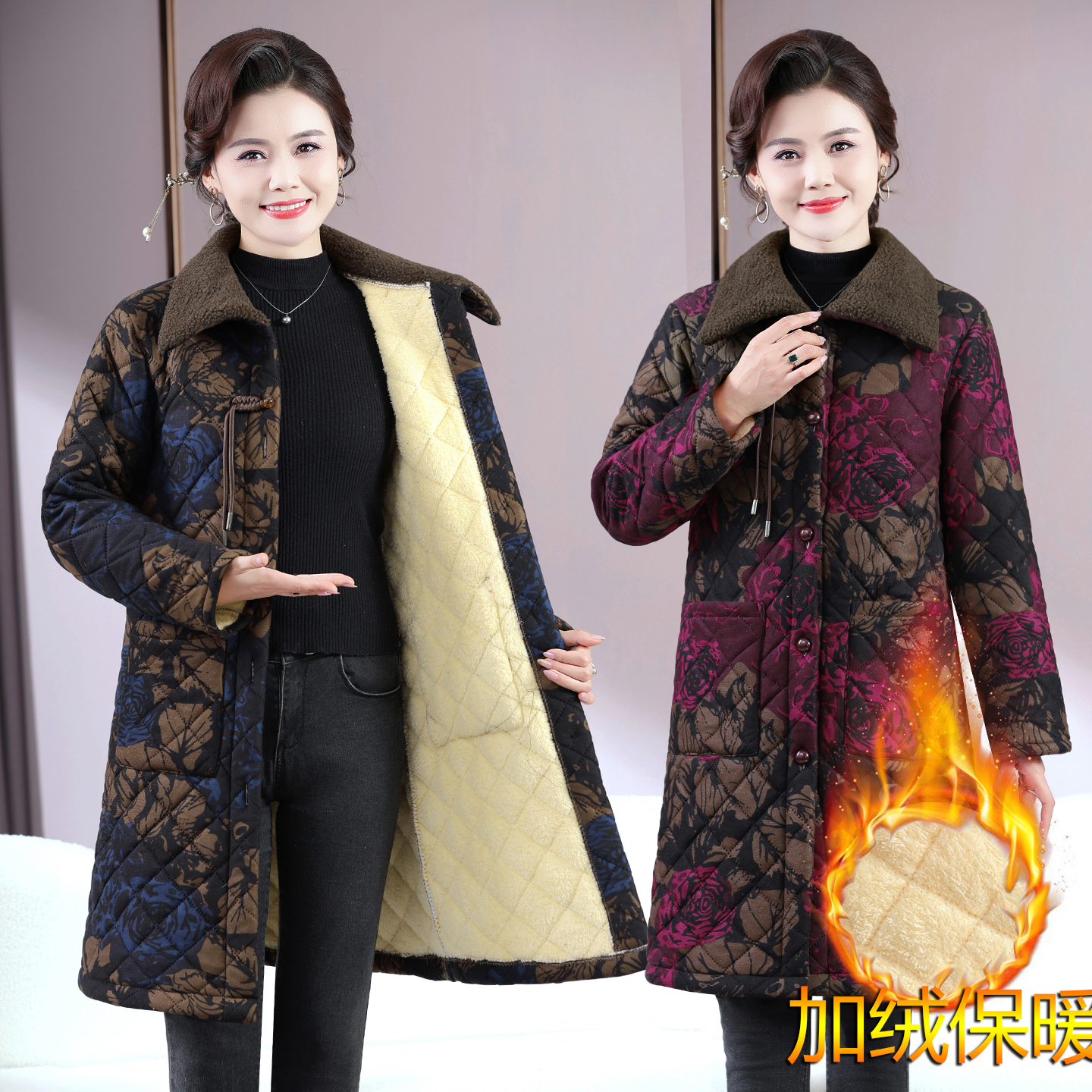 妈妈装秋冬季加绒加厚中长款棉衣棉袄棉服翻领碎花洋气冬装保暖