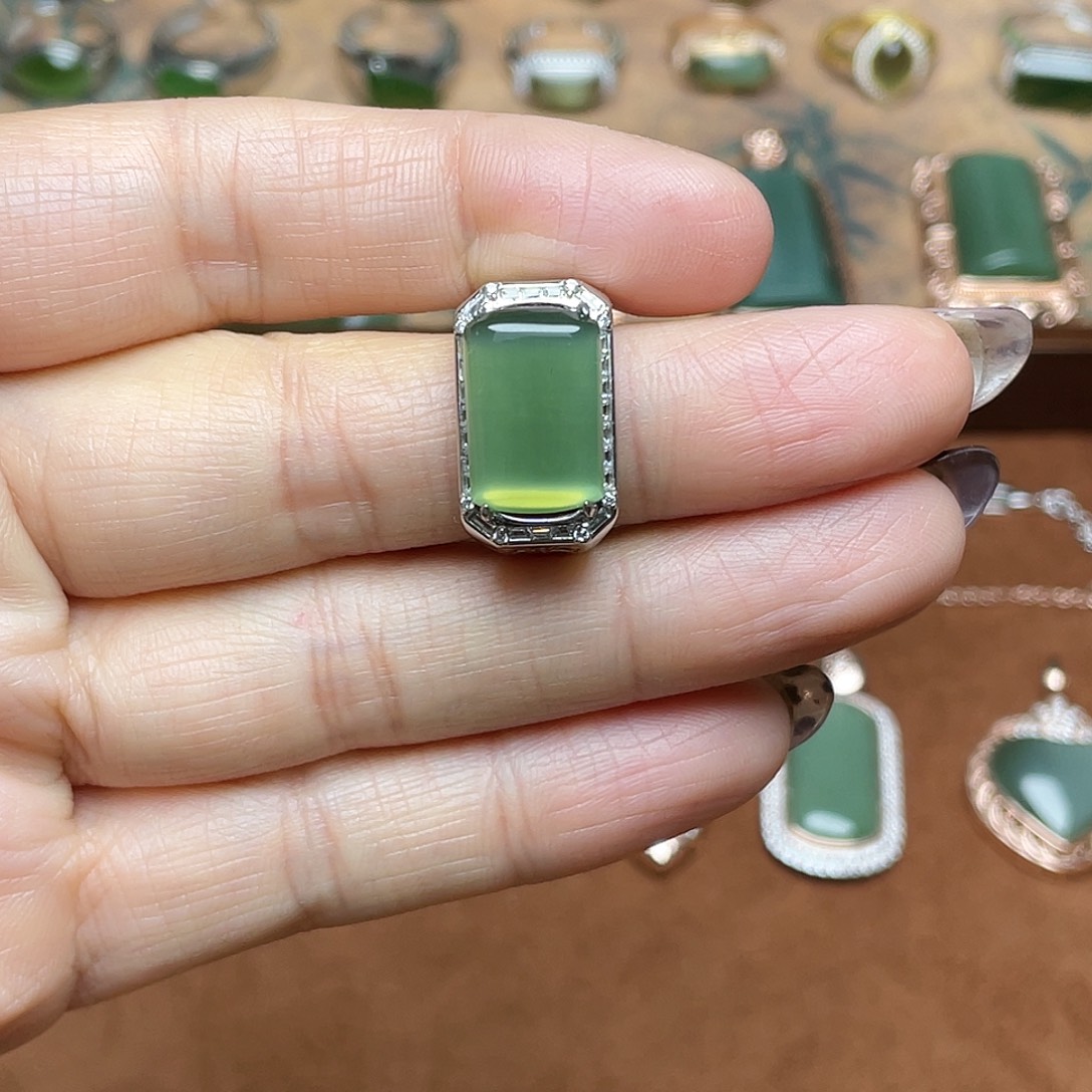 和田玉（碧玉）银S925镶嵌吊坠(不含链)戒指