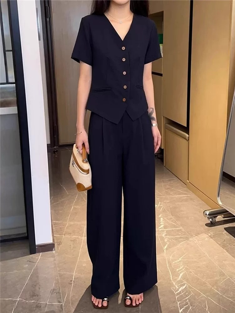 时尚大码慵懒休闲套装女透气短袖衬衫高腰宽松阔腿裤减龄两件套