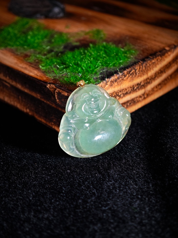 18k金扣冰晴水佛公天然缅甸A货翡翠多样性发货其一