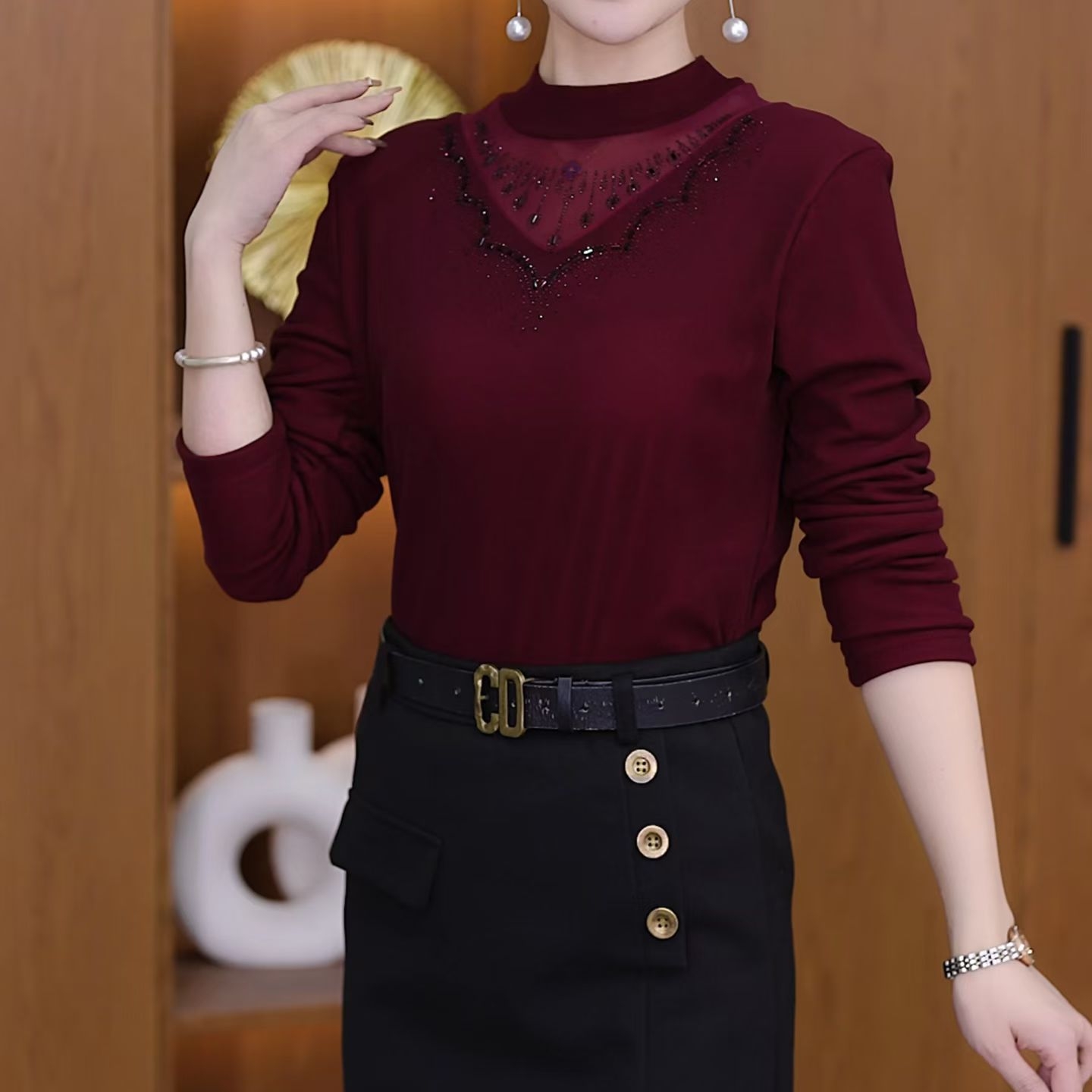 秋冬烫钻半高领加绒长袖打底衫妈妈装