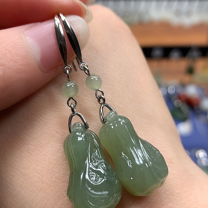 和田玉银S925镶嵌耳饰白菜21.7左右晴水色