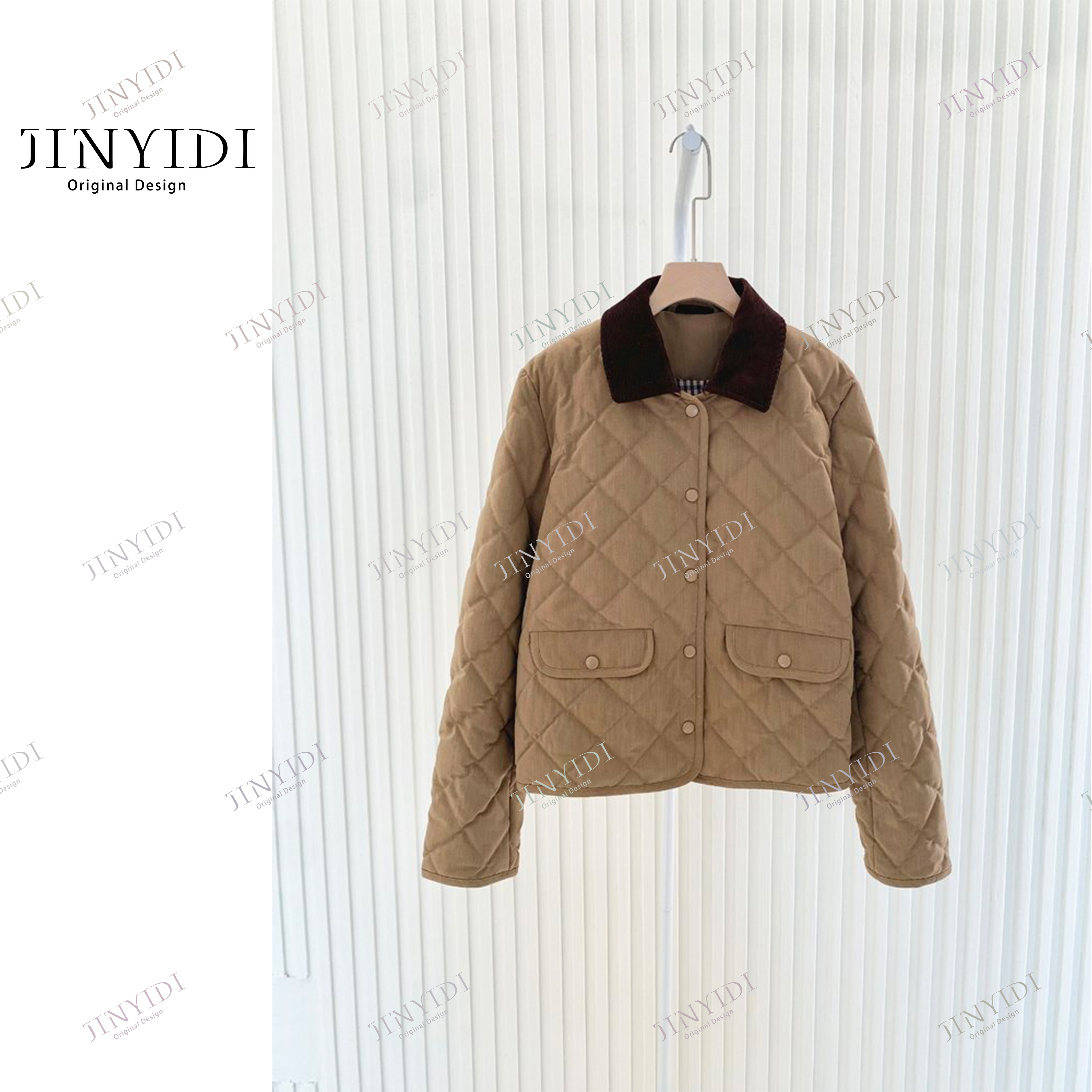 JINYIDI【暖菱】2025秋冬新品气质复古菱格轻暖羊毛混纺鹅绒服外套
