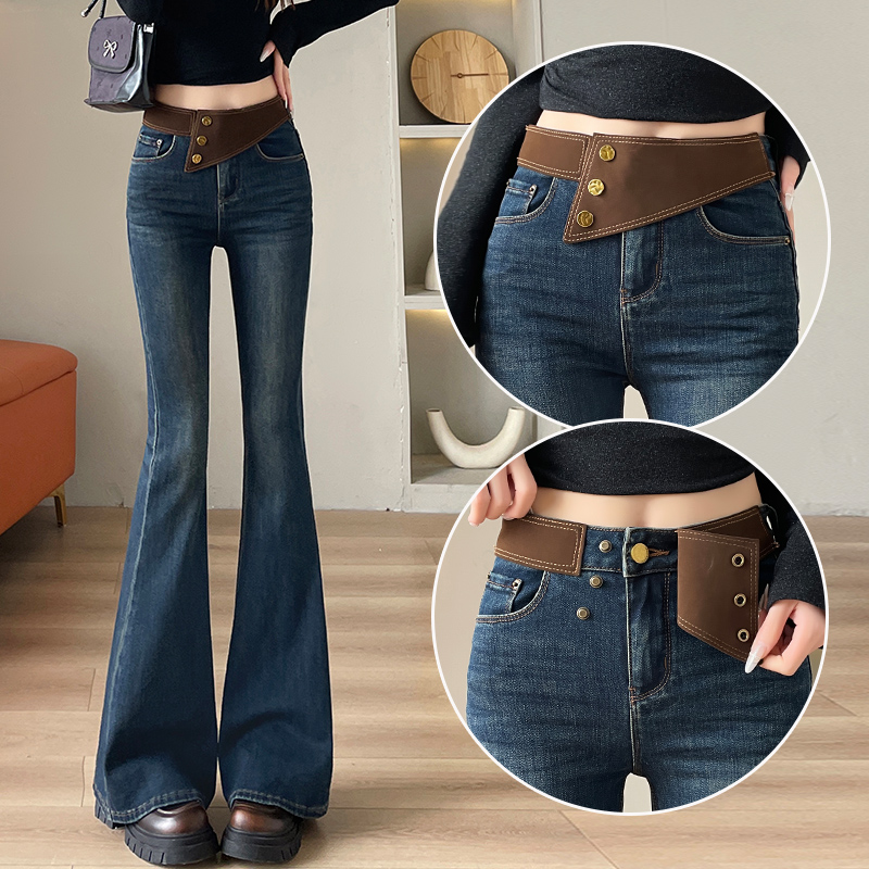 微喇牛仔裤女2025冬季加绒加厚新款高腰收腹设计感提臀修身喇叭裤