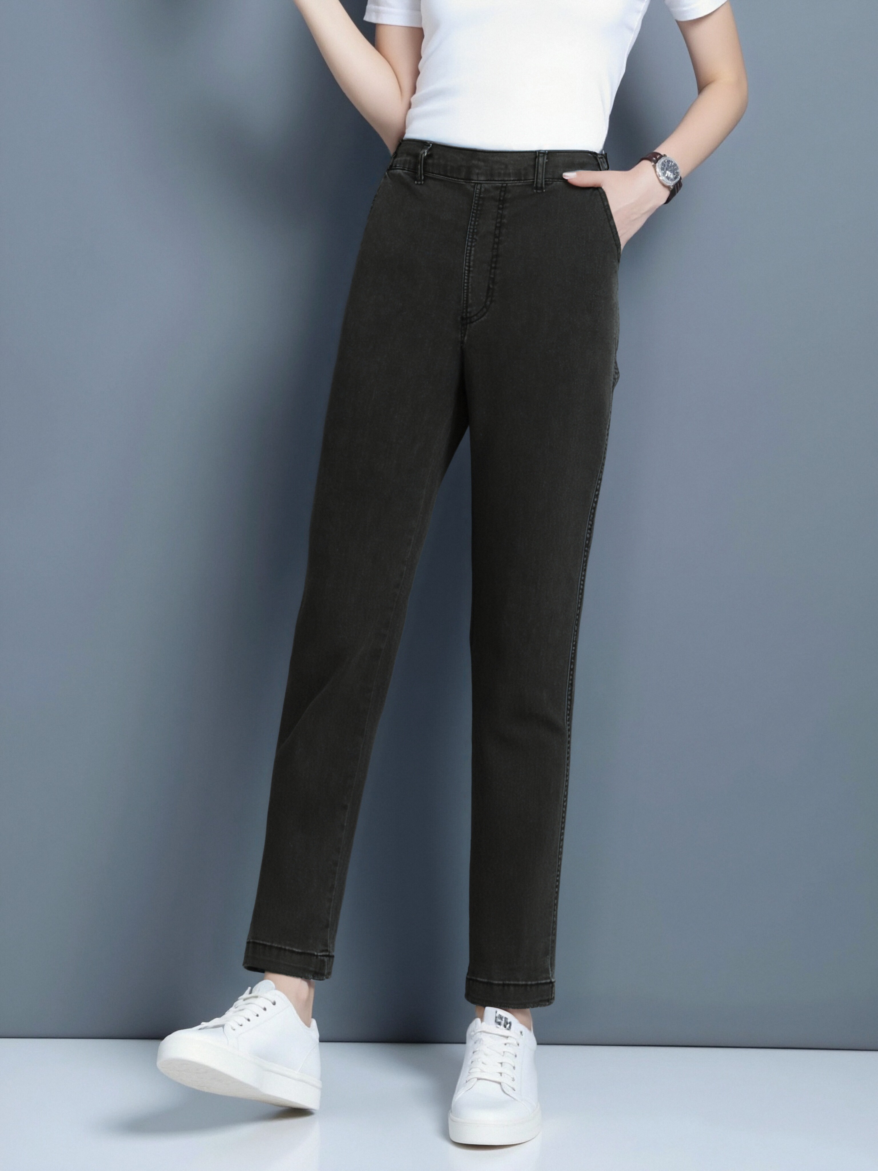 修身显瘦爆款百搭女士百搭减龄水洗做旧休闲松紧腰牛仔裤1F858