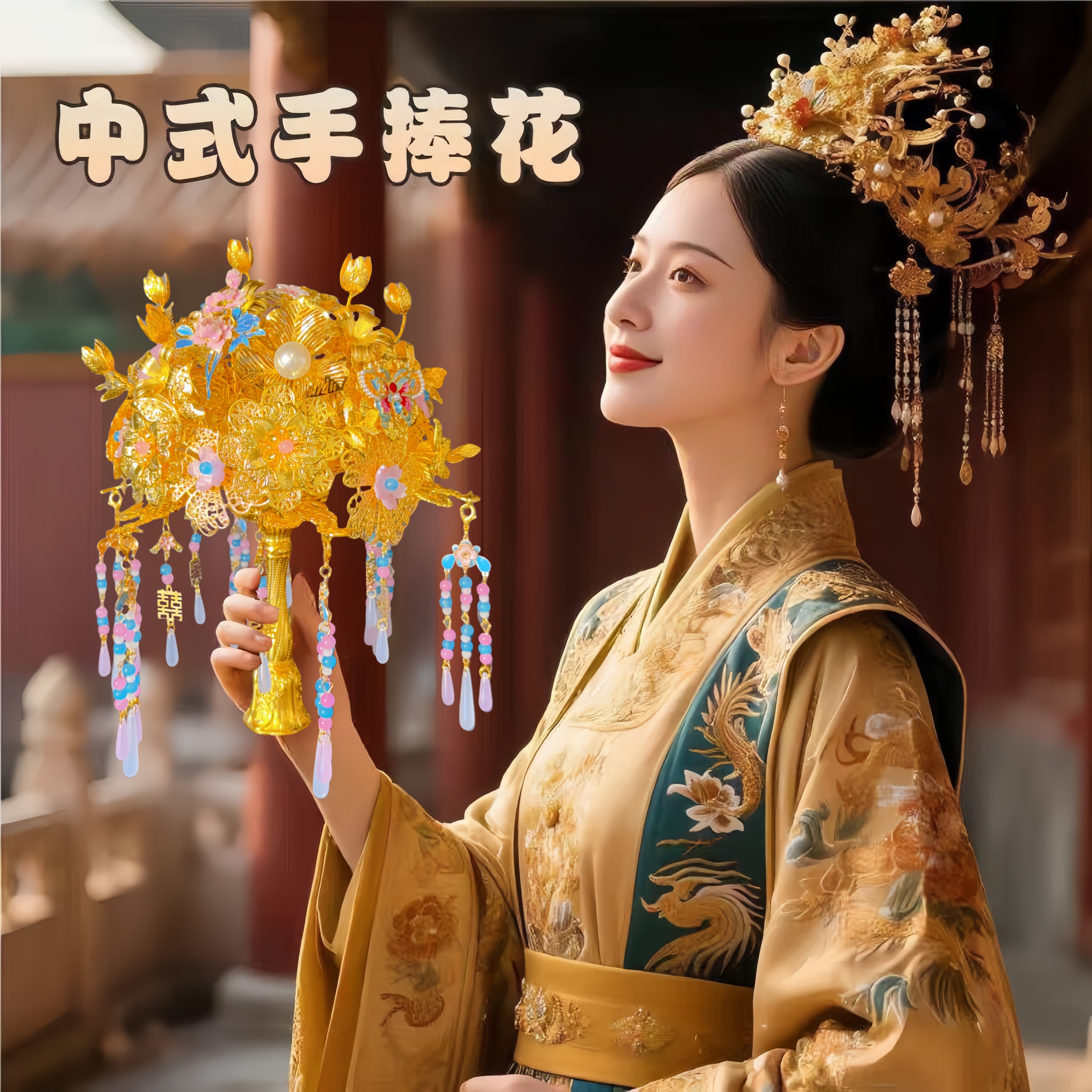 黄金手捧花新娘结婚材料包diy金色高级出嫁高级感手工中式礼物