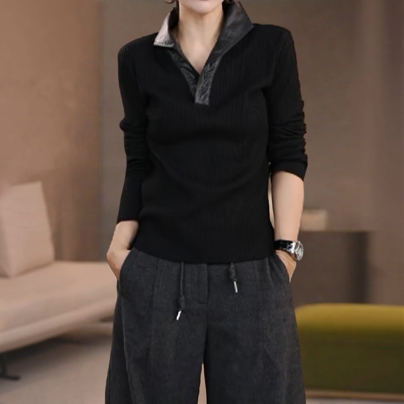 简约时尚黑色慵懒风拼皮领设计感T恤春秋新款立领修身长袖上衣
