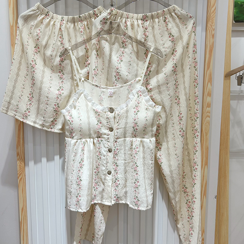 夏季田园小碎花吊带三件套带杯垫睡衣气质性感甜妹透气女套装2430