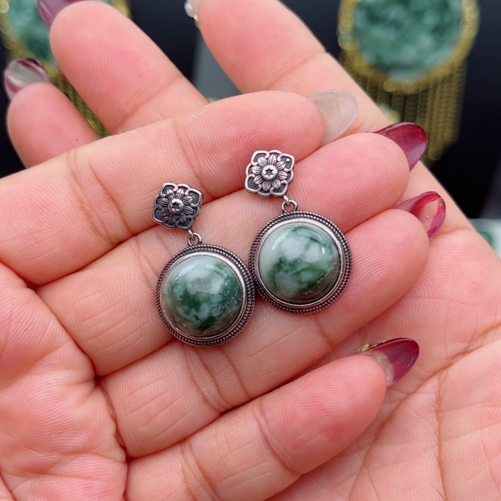 透闪石-蛇纹石玉耳坠银S925镶嵌