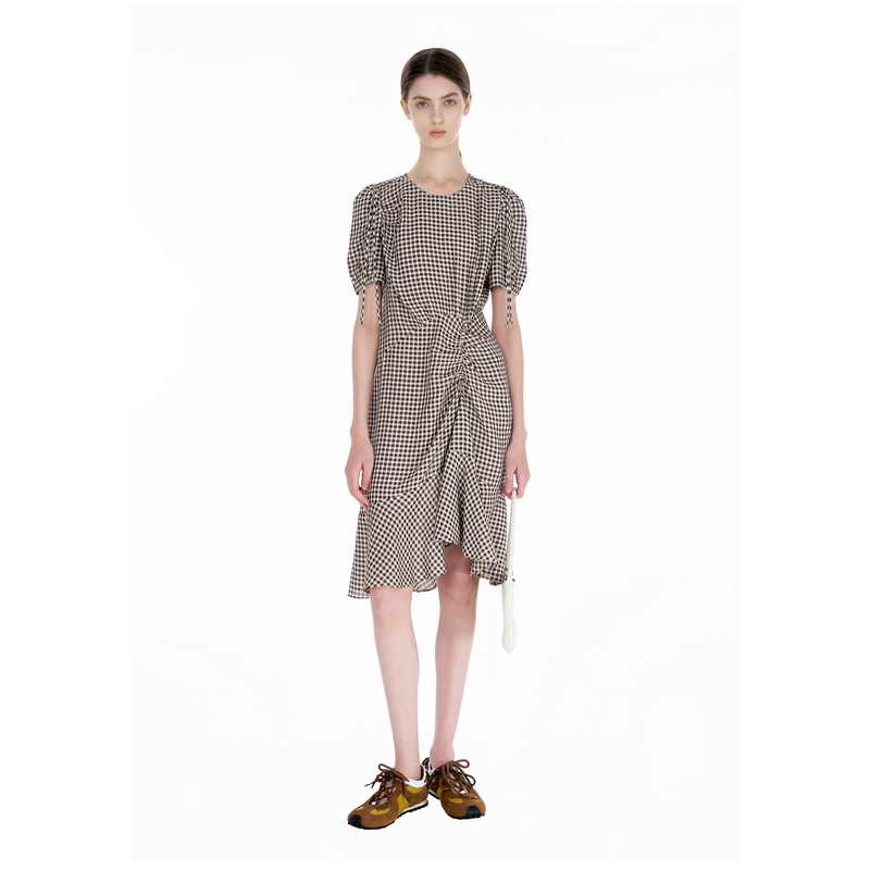 IIIVIVINIKO 2025SS"高捻人造丝"不对称格纹连衣裙R520611145D