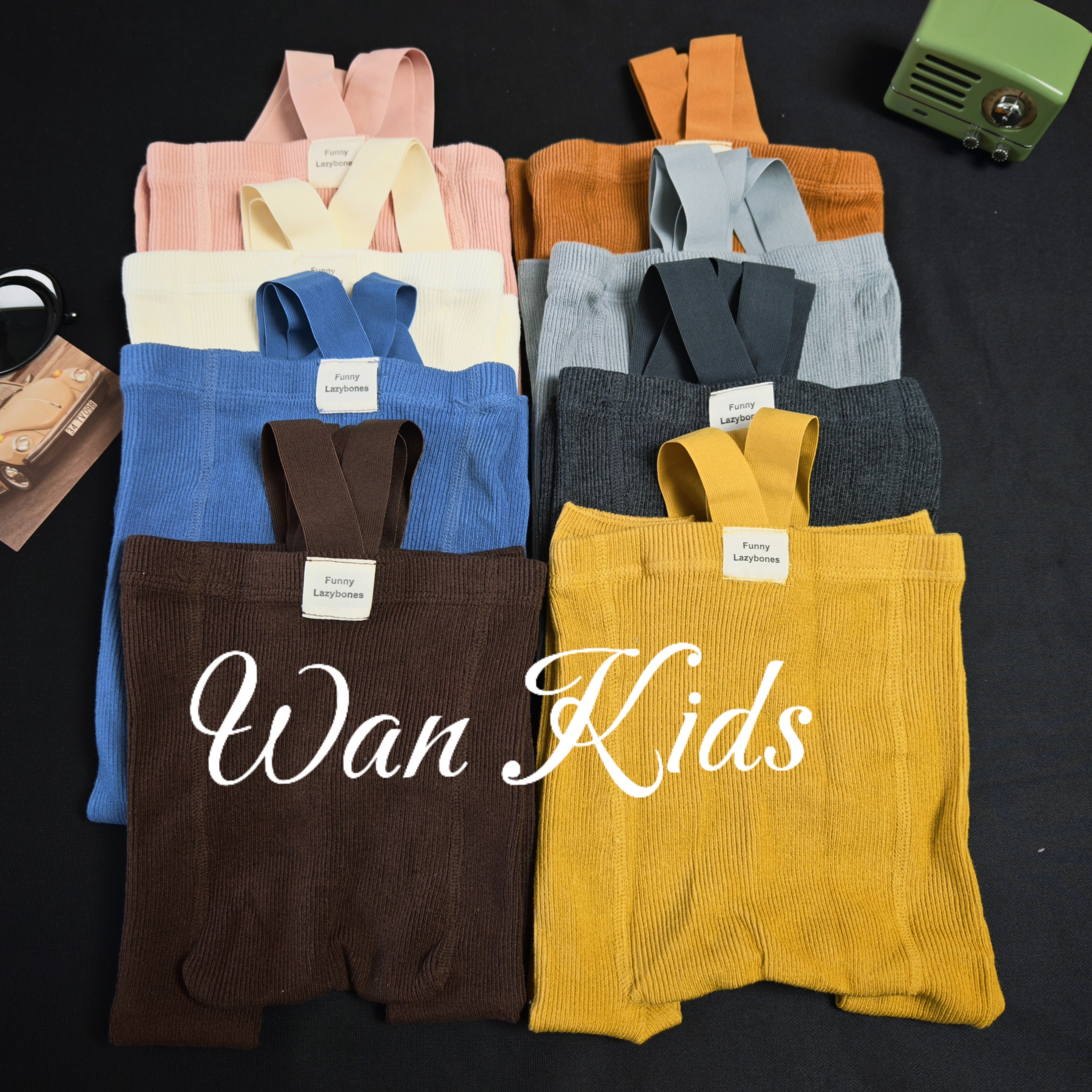 Wan Kids ✨Ins举重裤 宝宝纯色系坑条九分针织背带举重裤舒适百搭