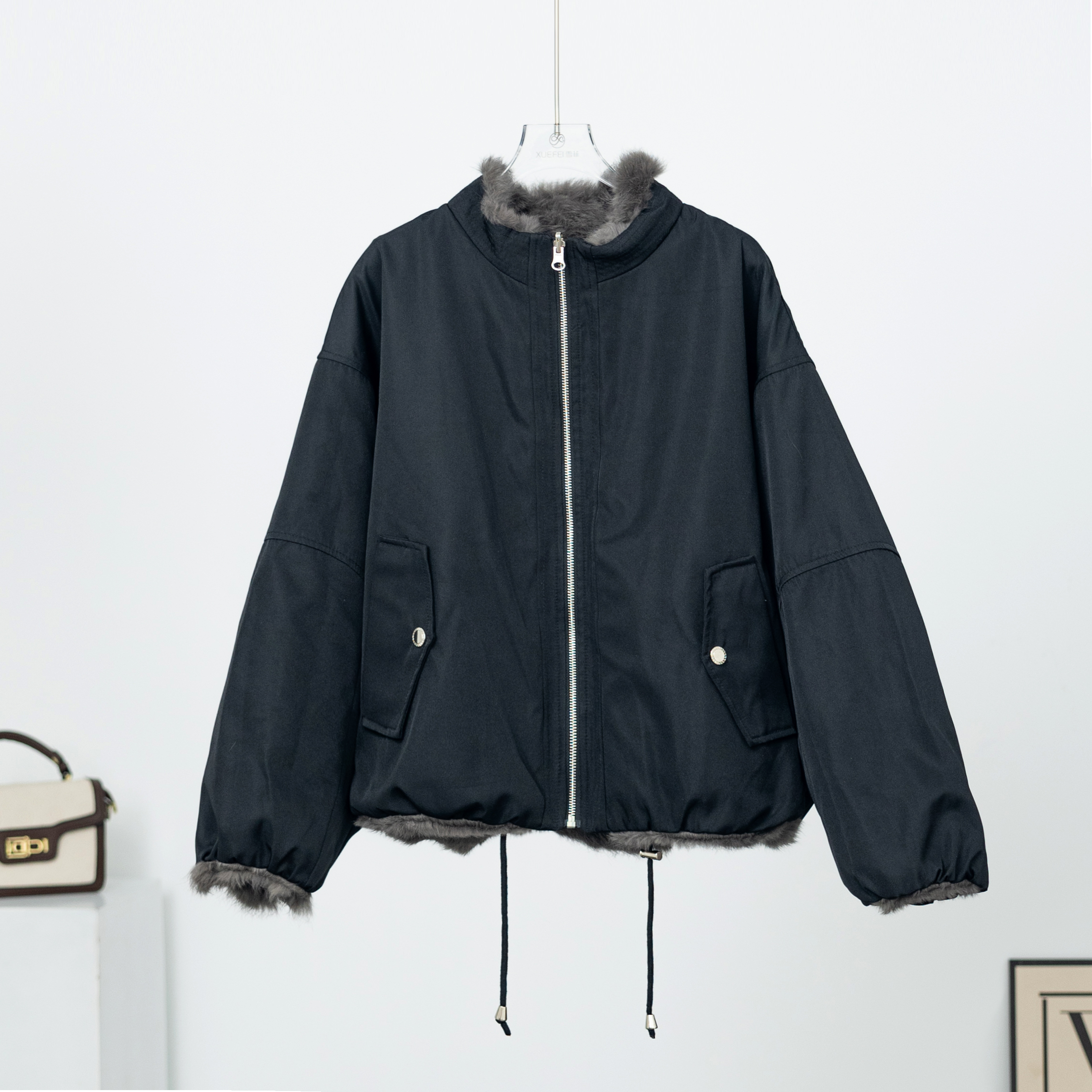 A1905【双面穿】立领长袖宽松型秋冬冬季女兔毛派克服短外套k1705 