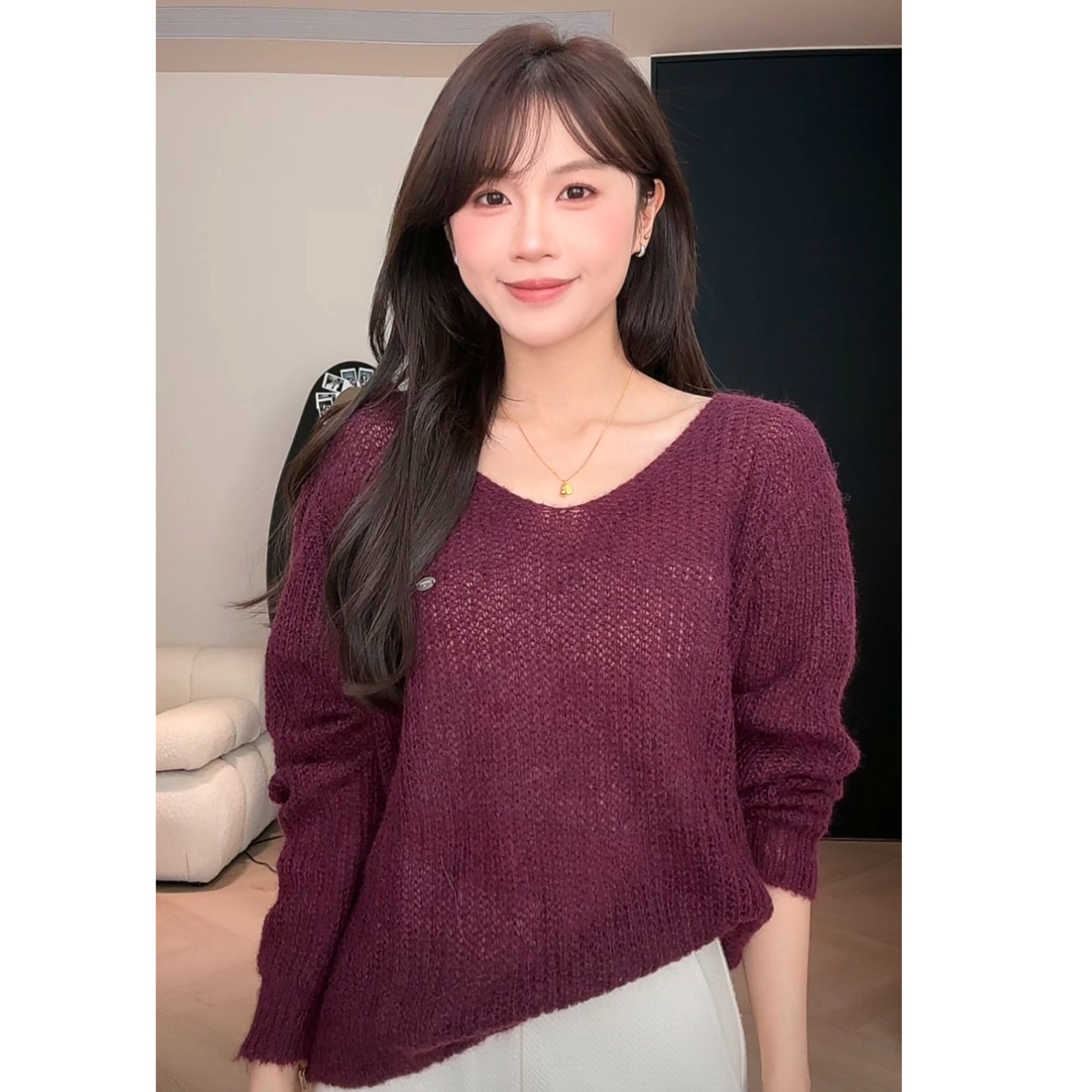 YOMI小个子紫色毛织编织针织毛衣长袖女冬季