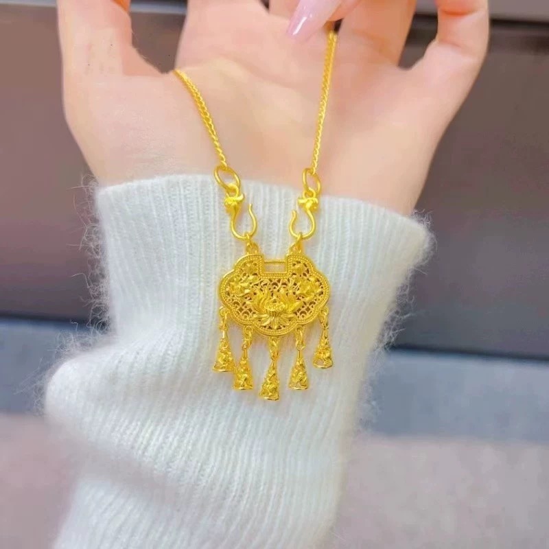 铜合金项链 新中式国潮风铃同心莲流苏锁镂空平安锁吊坠坠链