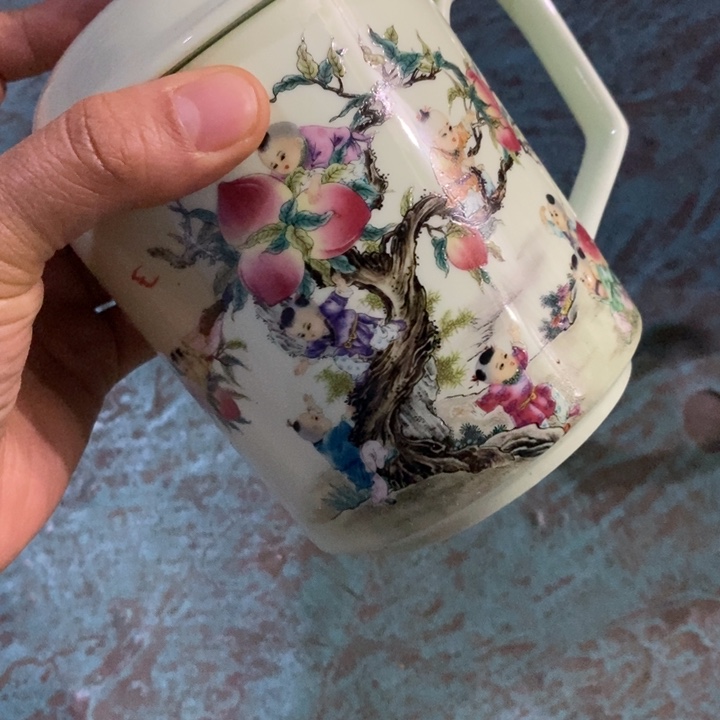 摆件陶绿稀土寿桃童子办公杯