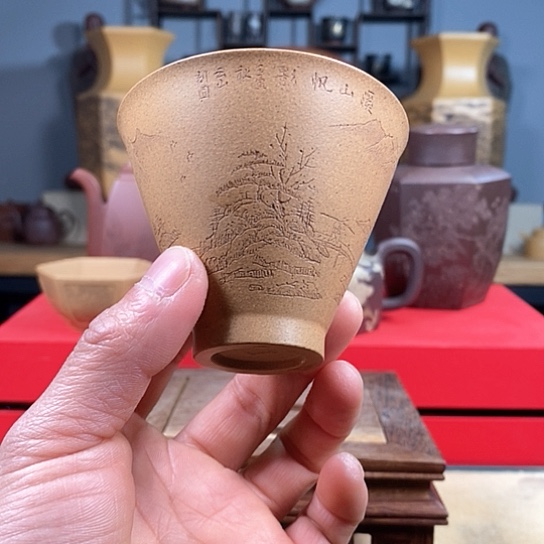 紫砂茶杯斗笠山水花泥