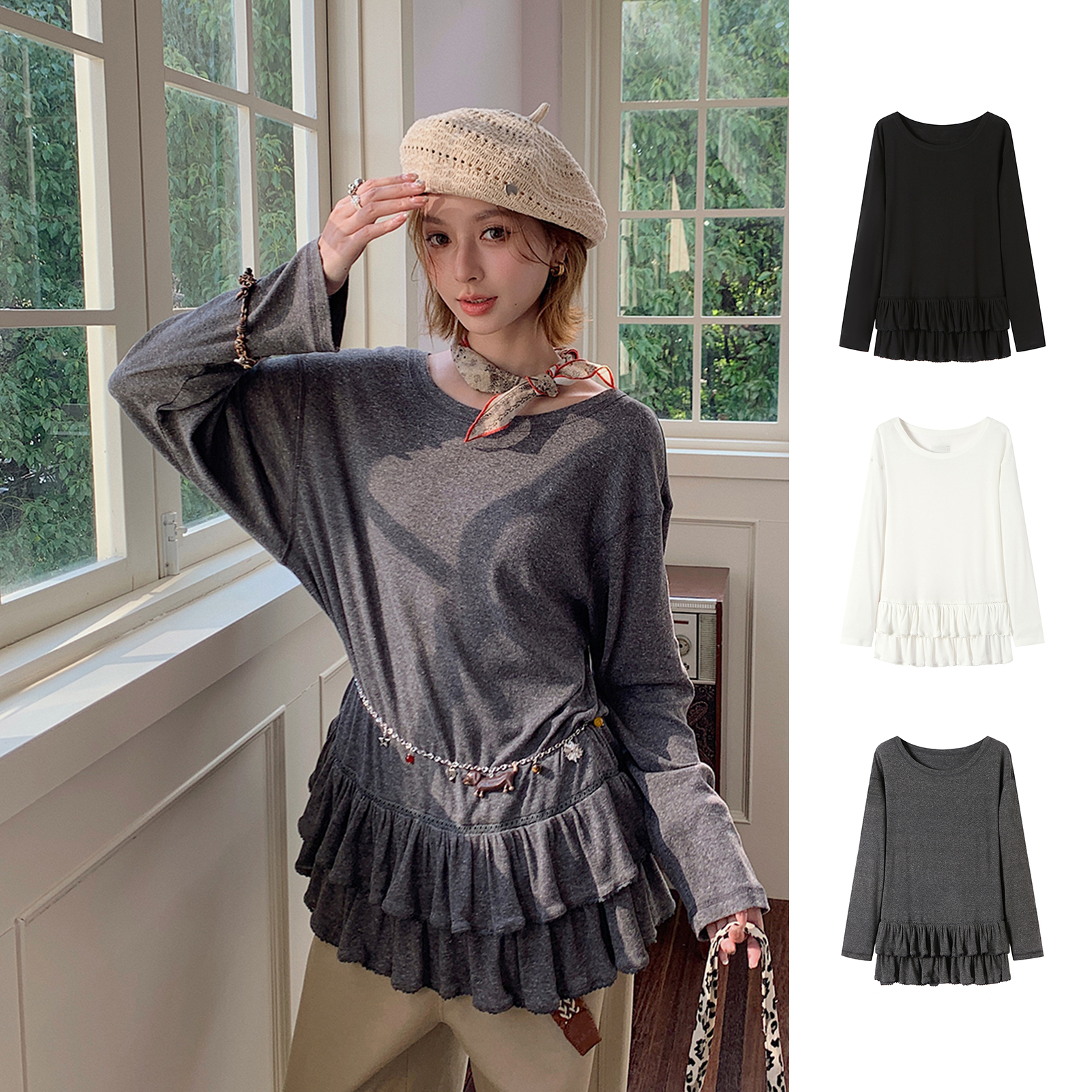 REREK设计师品牌圆领针织花边蛋糕摆长袖T恤R25C05103126