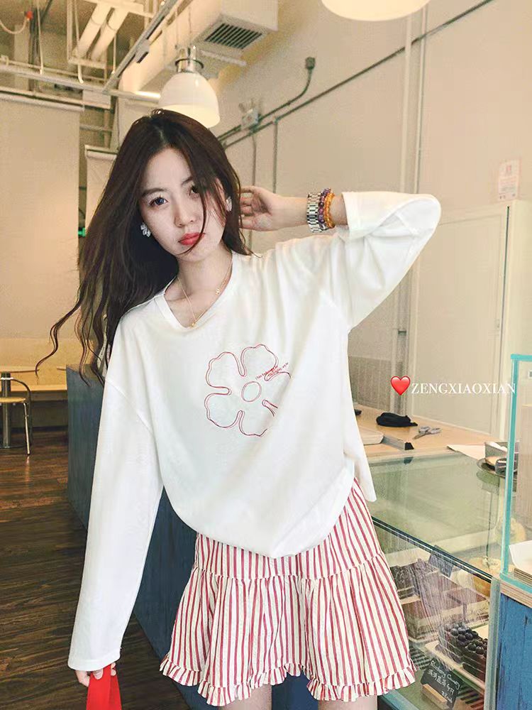 早秋薄款白色长袖t恤女秋季百搭时尚休闲宽松显瘦慵懒风防上衣