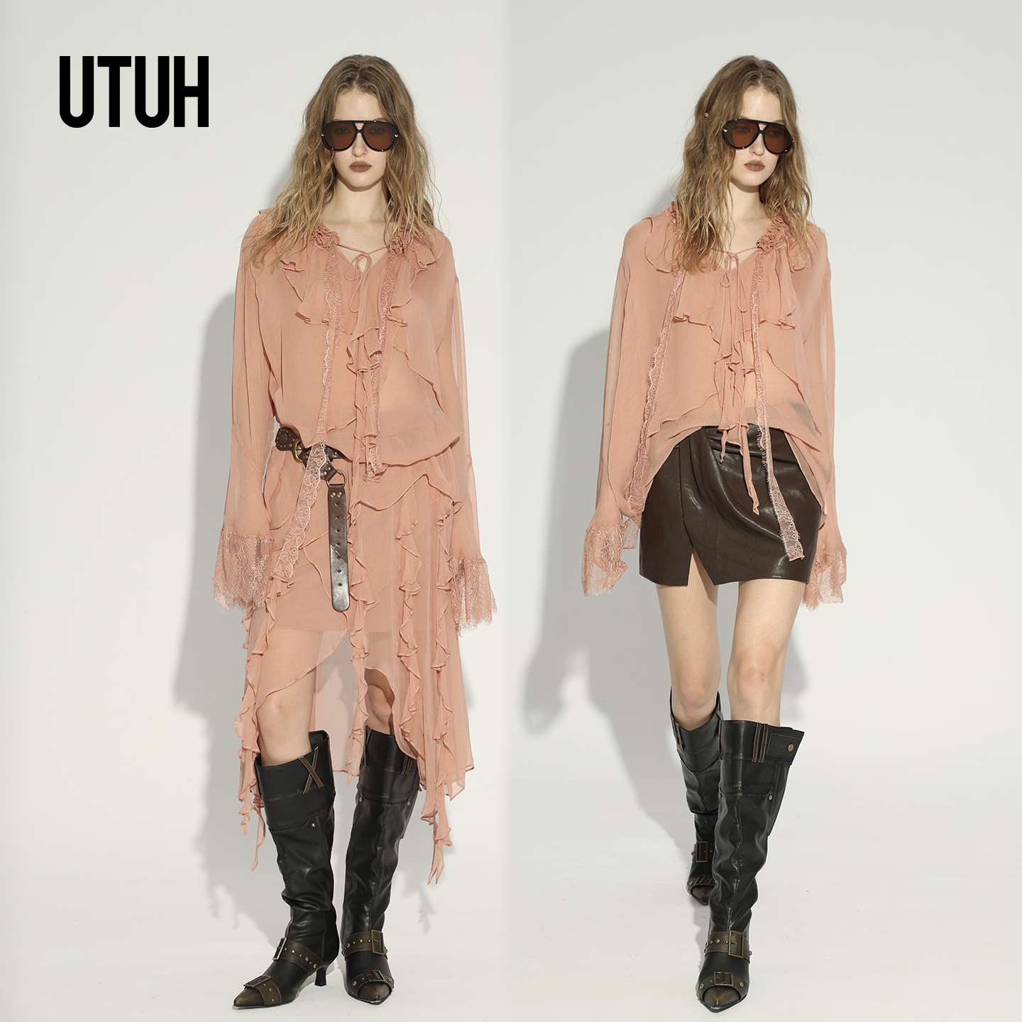 UTUH肉粉色蕾丝拼接小衫约会浪漫氛围感 秋日温婉时尚 TDWWA1N251