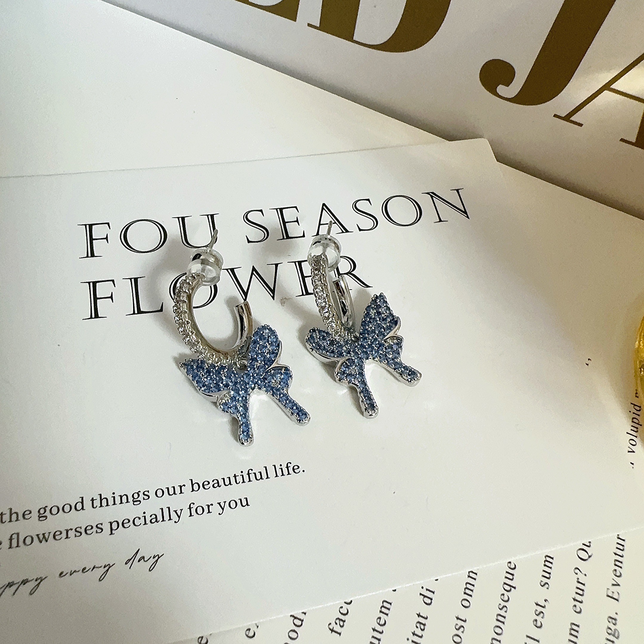 铜合金锆石耳饰 4245 蓝色微镶蝴蝶耳钉