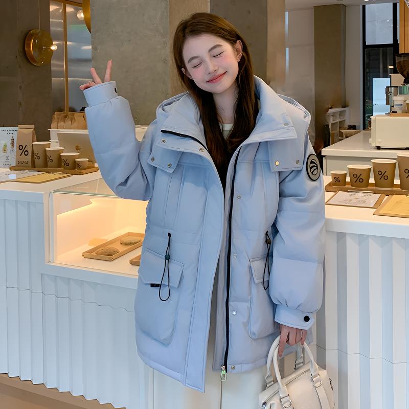 中戏北影短款加肥加大码羽绒服女户外派克服收腰工装中长9902