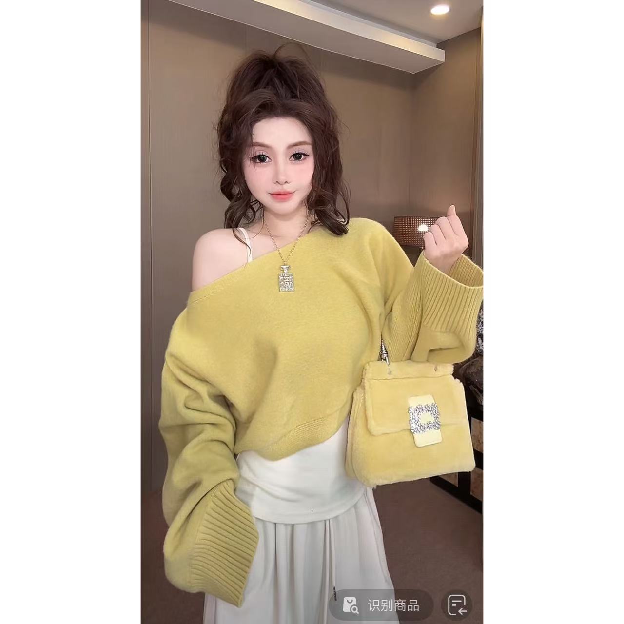 DACPAN-“尼斯周末”一字肩短款针织毛衣两件套 2025/盼·PP 8376