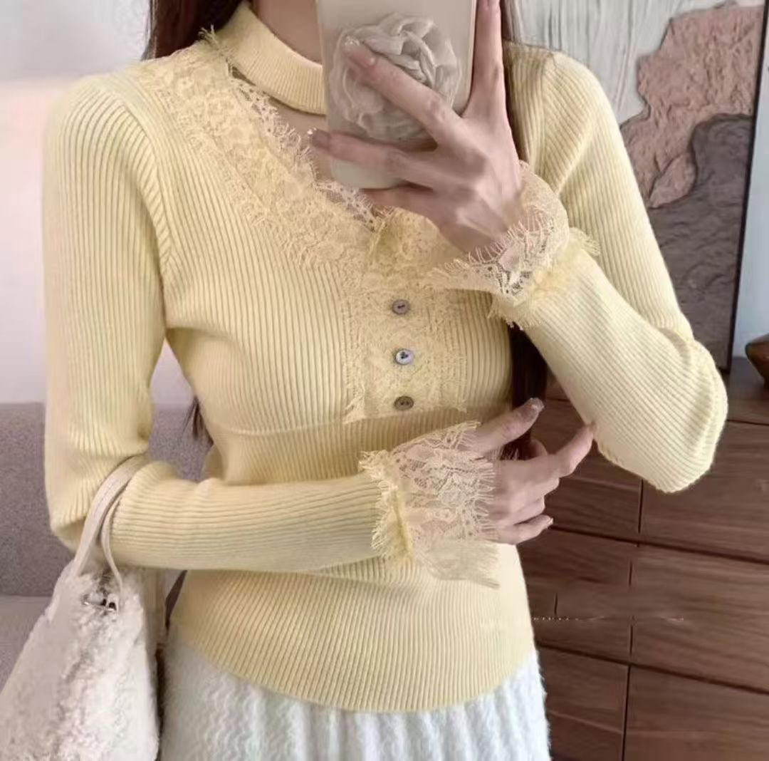 128#蕾丝针织衫打底衫内搭毛衣上衣设计感小众高级感修身气质