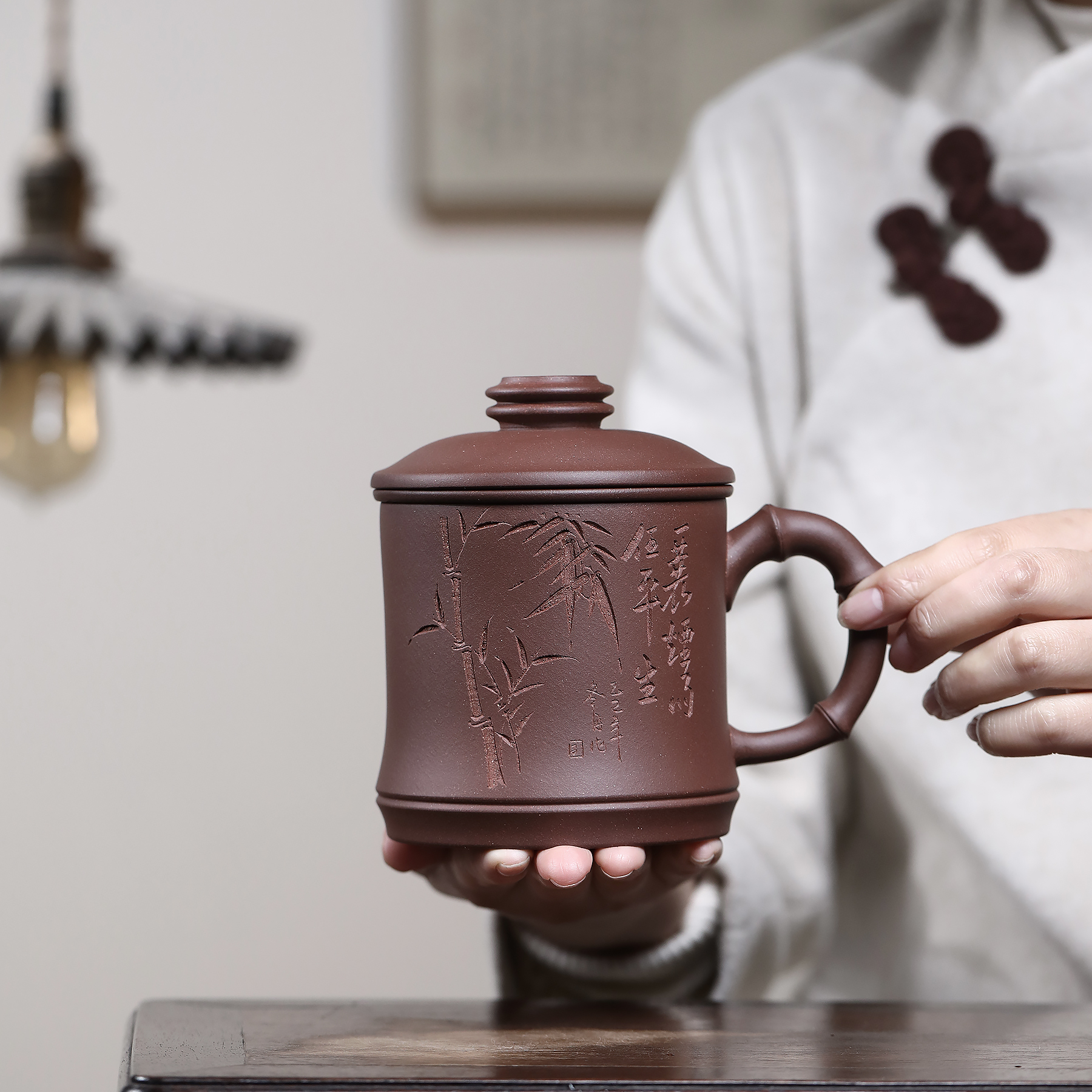 雪涓宜兴原矿湖父底槽清刻竹三件套男女紫砂茶杯