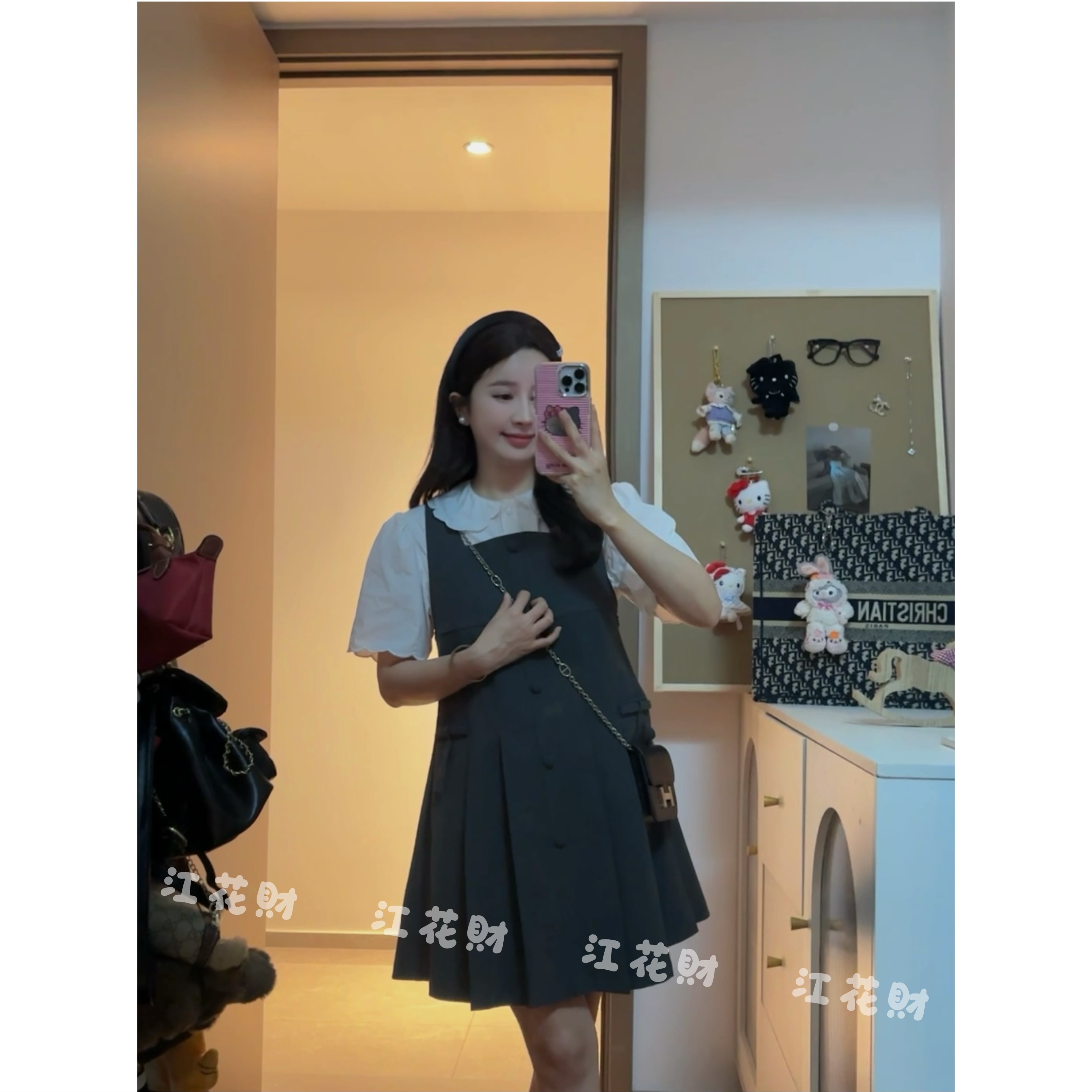 【心动信号】灰色蝴蝶结设计感压褶背心裙+甜美花瓣领短袖衬衫套装
