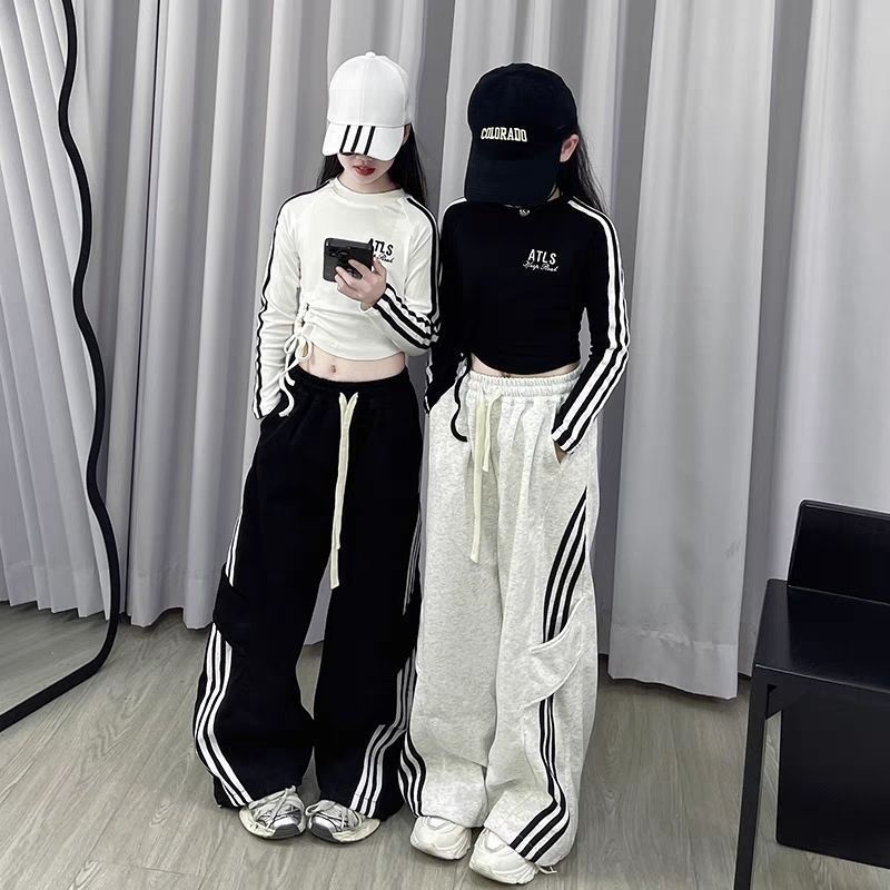 女童2025新款灰色蝴蝶结阔腿运动裤女秋季高腰垂感直筒休闲卫裤子