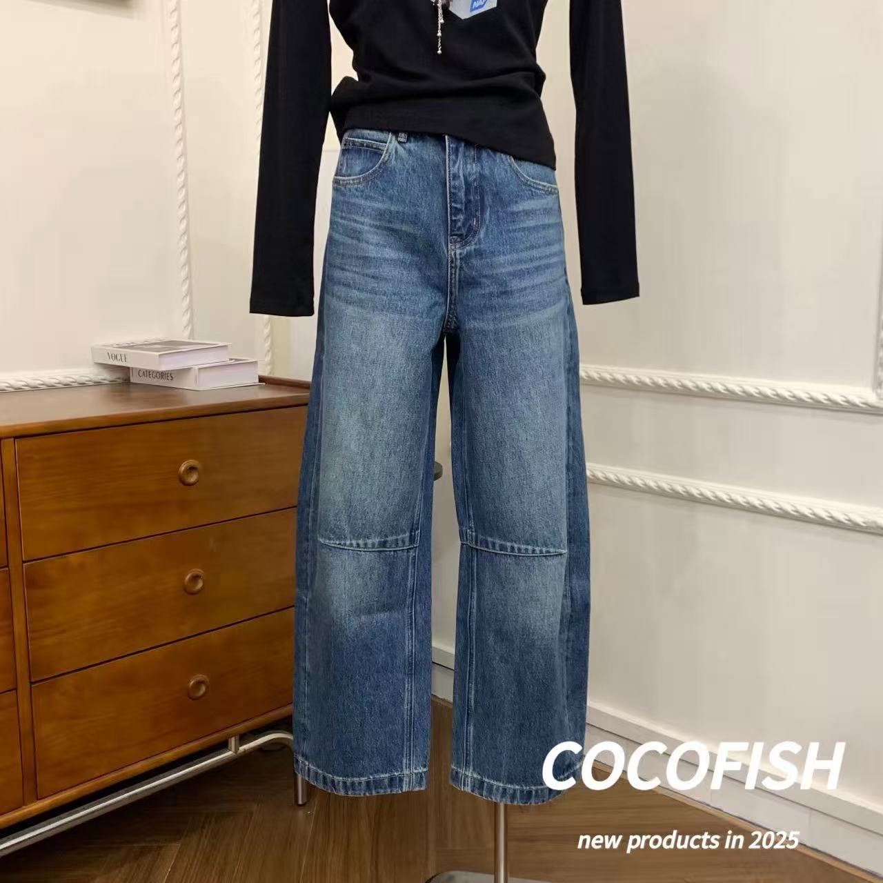 品质款宽松显瘦水洗阔腿弯刀牛仔裤#16265