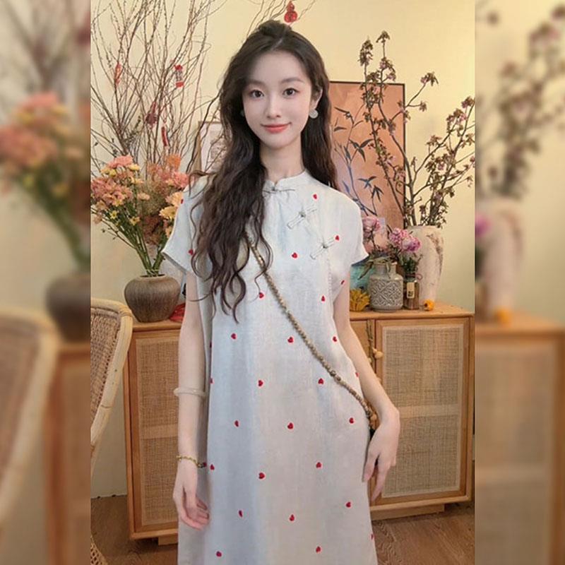 国风【小爱心】新中式气质短袖盘扣连衣裙女2025夏季新款禅意裙子女