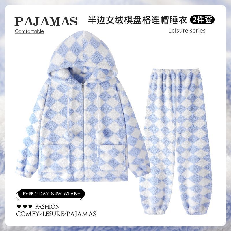 冬季半边绒睡衣女棋盘格连帽保暖加绒加厚舒适珊瑚绒家居服可外穿