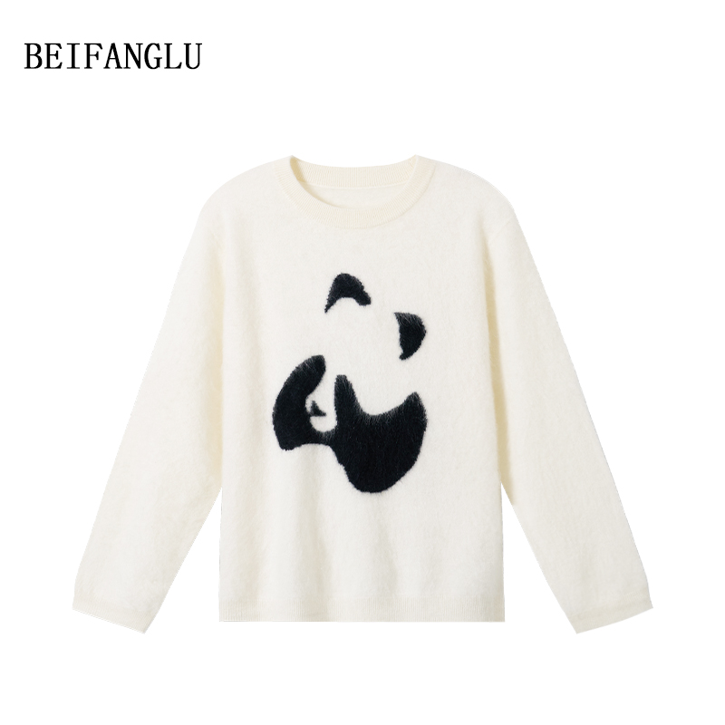 北方鹿【MORO拉绒系列100%山羊绒】减龄熊猫提花针织羊绒衫女251502