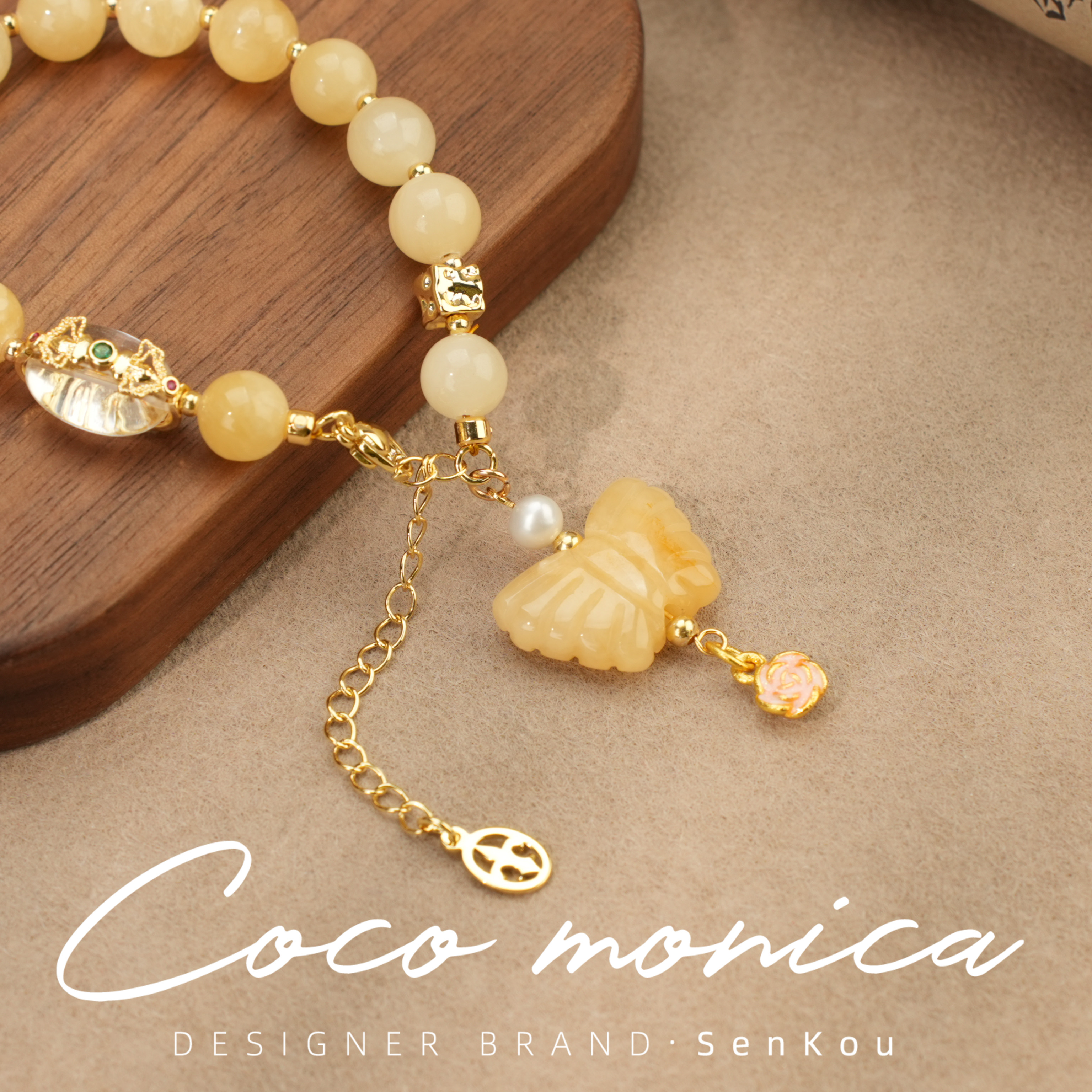 【小霞珠宝】珍珠蝴蝶方解石水晶手链轻奢珍珠手链AD641