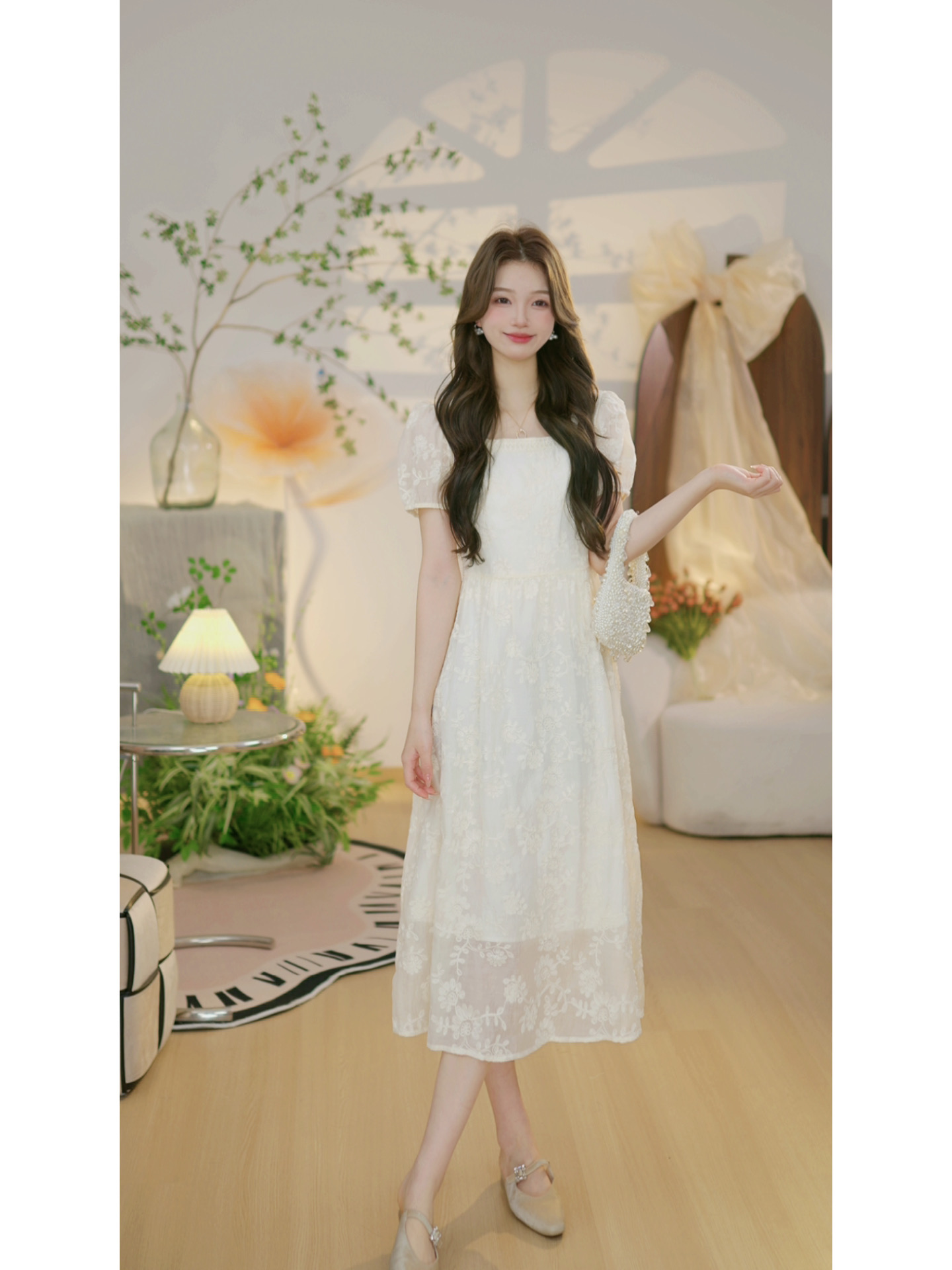 【繁花似锦P】气质方领法式连衣裙高级感显瘦减龄短袖提花刺绣裙