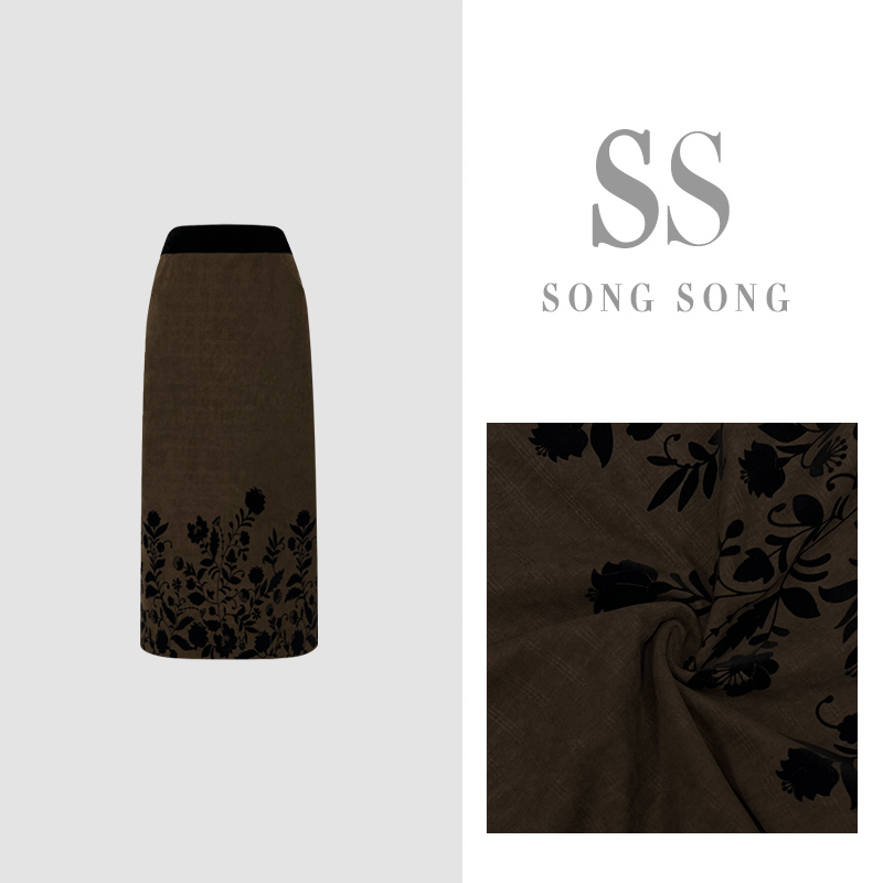 SONG-原创【夜韵繁枝】秋款复古时尚暗纹花簇显瘦百搭半身裙