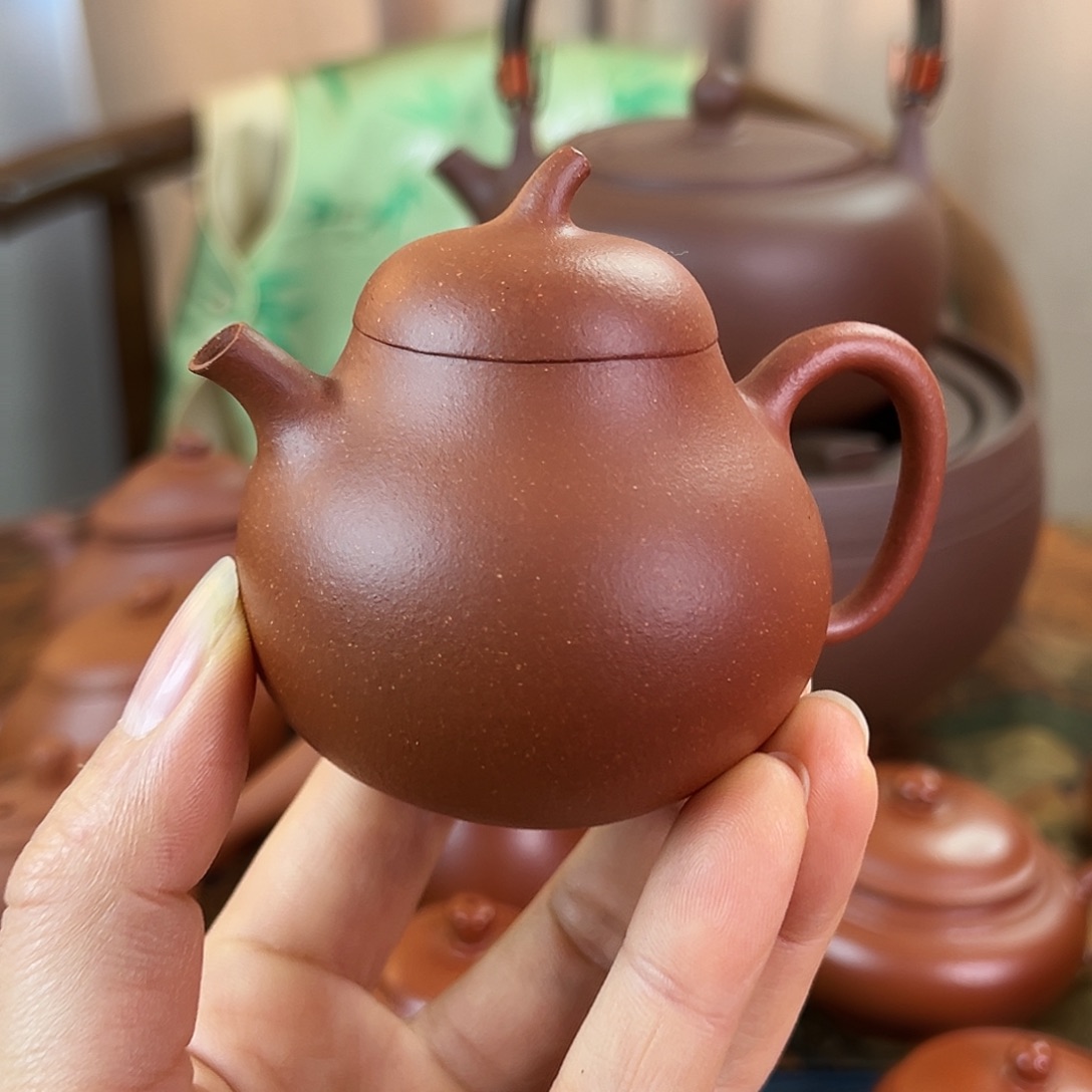 紫砂茶壶精品 茄瓜 红降坡泥 130cc