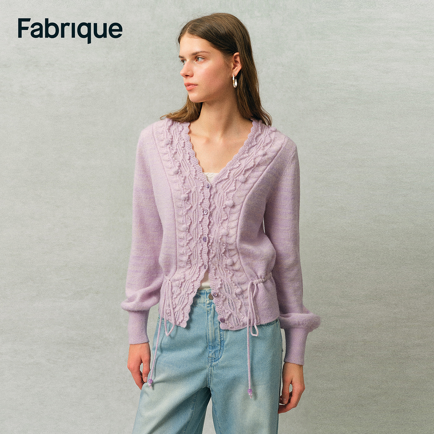 Fabrique Taro 丁香紫绵羊毛羊驼毛立体钩花V领收腰法式针织开衫