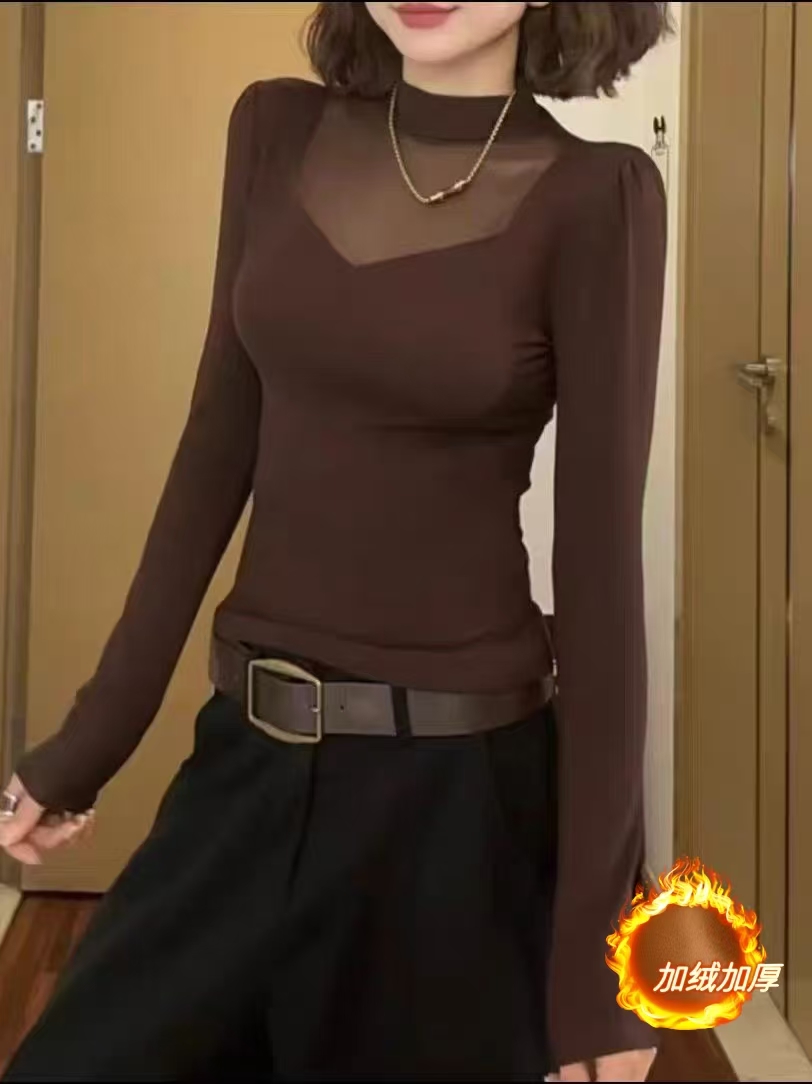 2025秋冬新款设计感洋气网纱拼接上衣打底衫修身百搭长袖 W389 