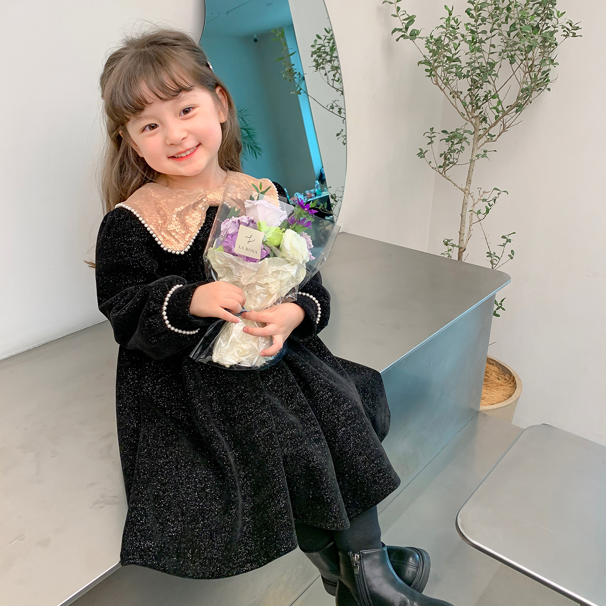 【沫沫妈】冬装女童秋冬季棉绒细条连衣裙连衣裙儿童裙子22DD7016