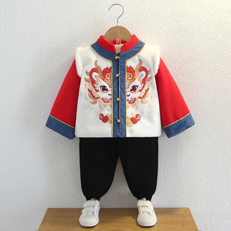 (招财进宝）冬款周岁刺绣唐装夹棉加绒加厚儿童中国风保暖战袍套装
