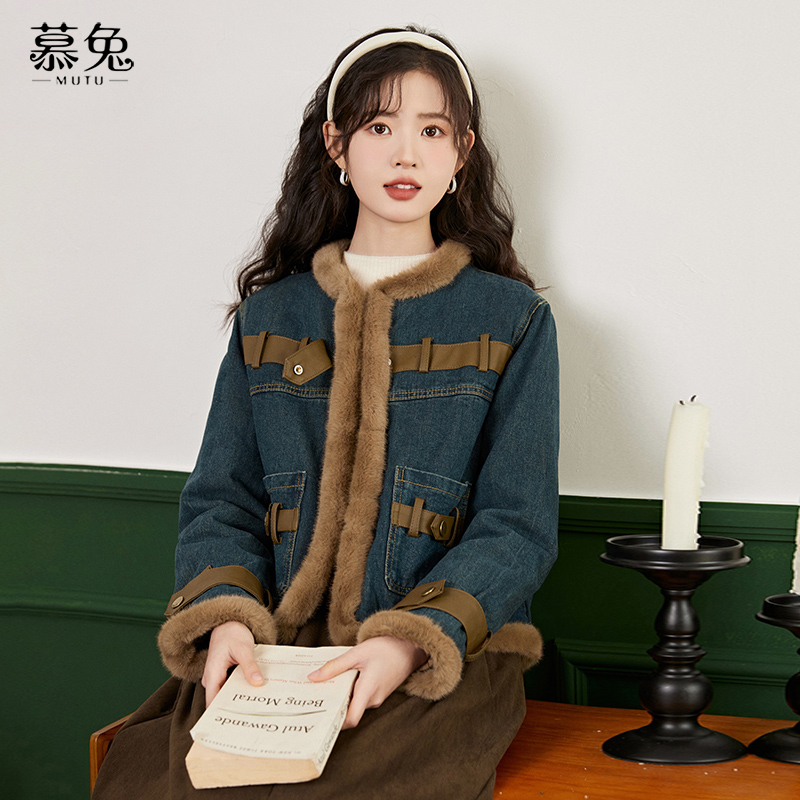 【正】慕兔小个子牛仔拼接毛绒厚外套女2024爆款秋冬夹棉派克服上衣