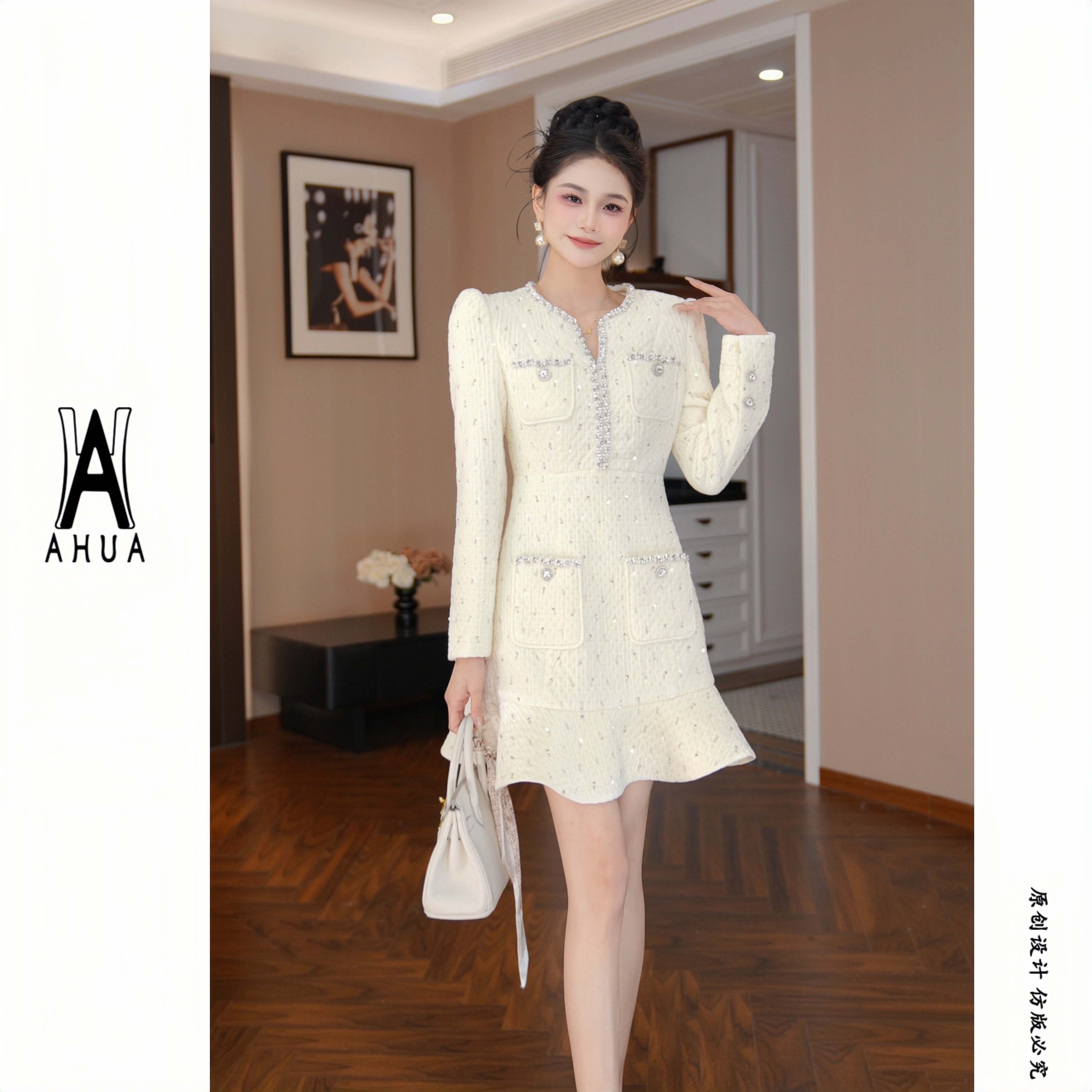 【花花原创】气质复古法式小香风连衣裙亮钻收腰连衣裙61359